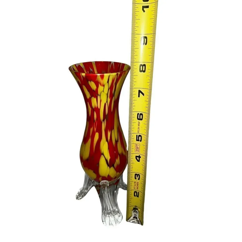 VTG Franz Welz Red and Yellow Spatter Vase on Clear glass Strutted Tripod Legs